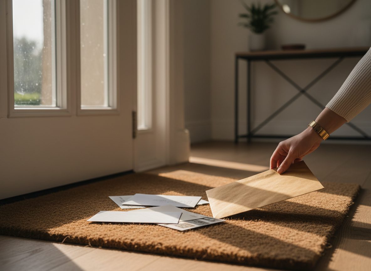 Letters arriving on the doormat of a British home in morning light