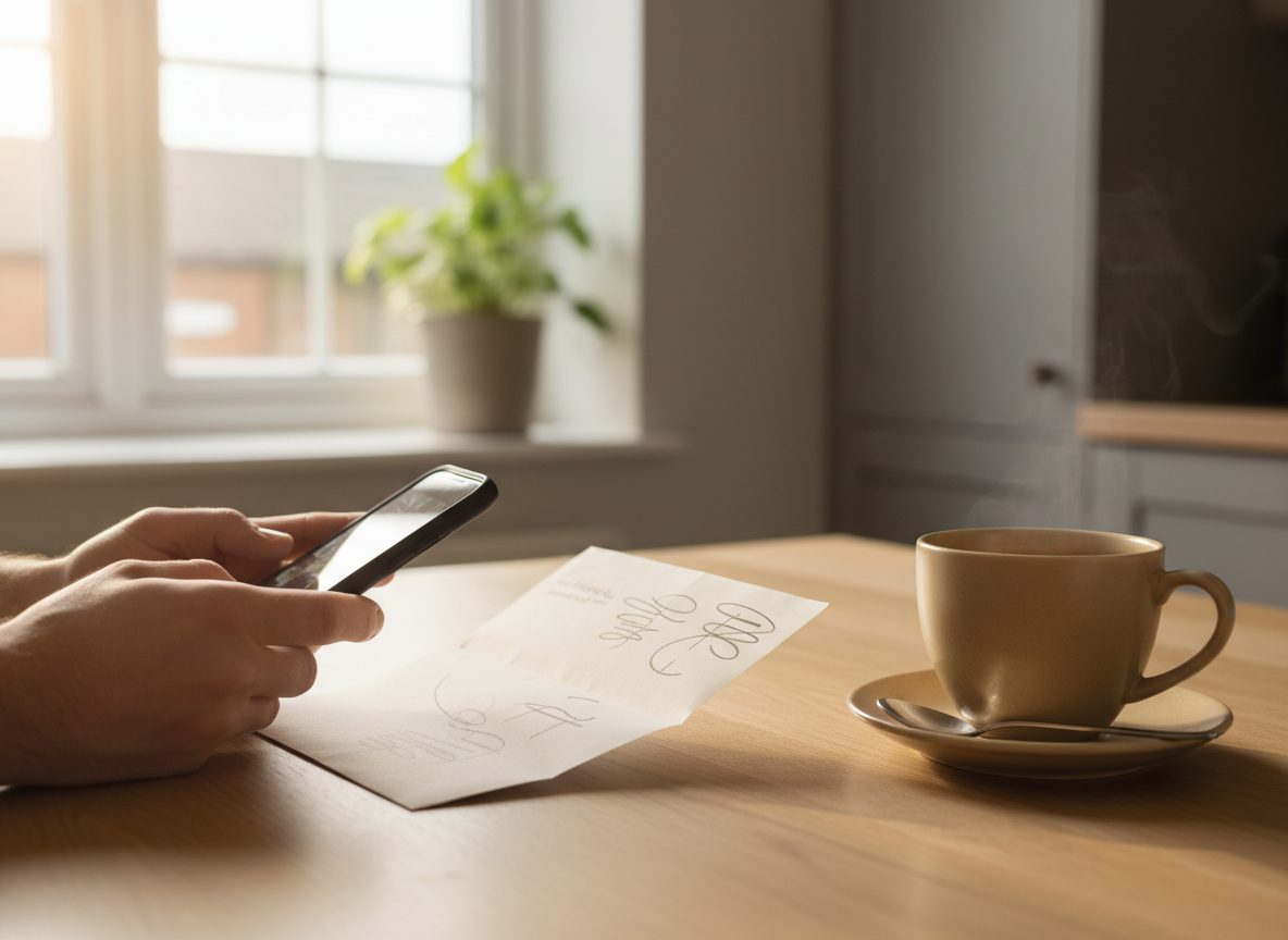 Photographing a letter with a phone at the kitchen table